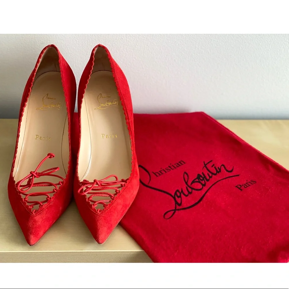 Christian Louboutin Cherry Red Scalopump 85MM Fraise Suede Heels 37.5 - Picture 6 of 12